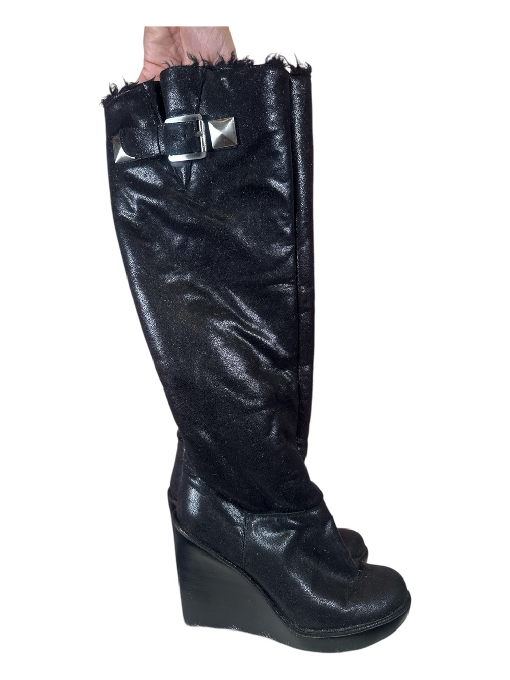 Michael Kors Black Knee-High Wedge Boots with Stud Buckle